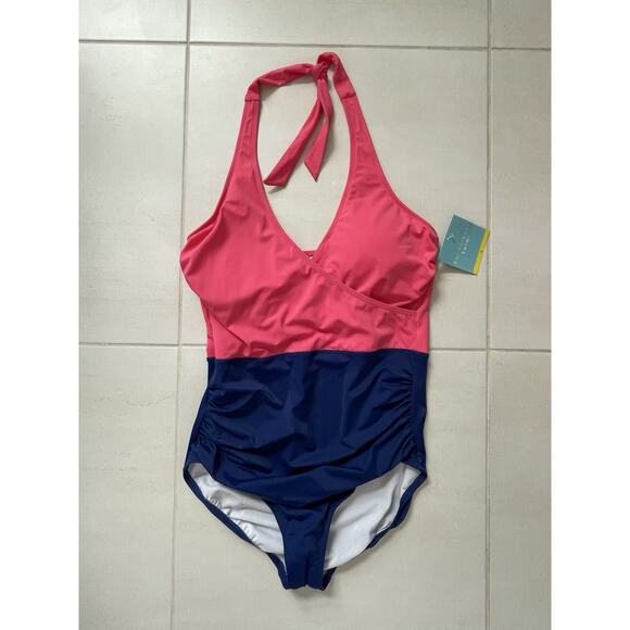 Bal Harbour Swim One Piece Swimsuit Halter Plunge Color Block - Picture 1 of 9